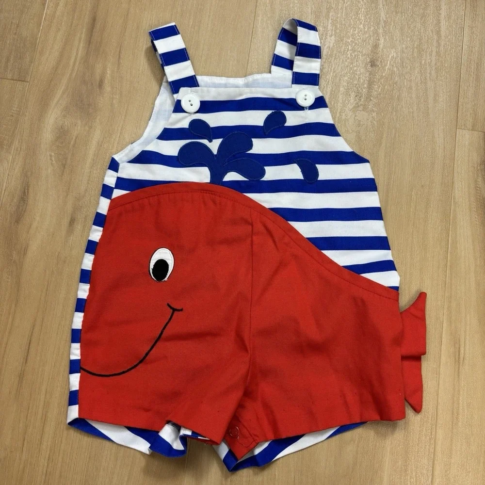 Vintage Baby Romper Whale Appliqué Blue And White Stripe 18 Month Shortall